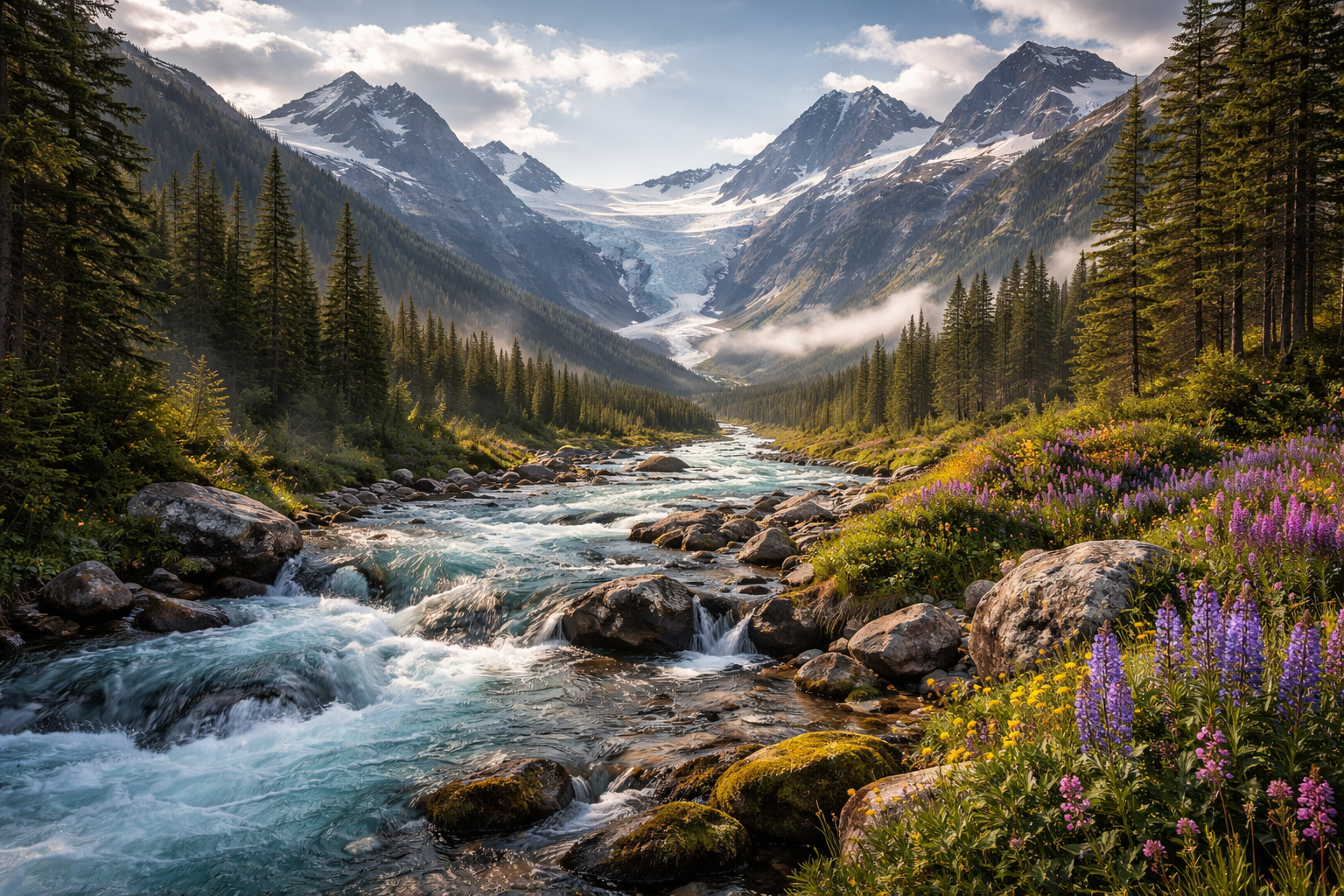 Alaska valley with glacial river and resilient ecosystem